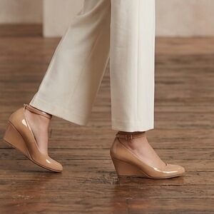 Nude Patent Wedge Pumps with Ankle Strap Size 8M